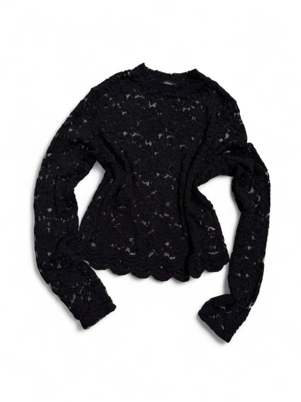 Ambiance Black Lace Long Sleeve Top with Scalloped Hem